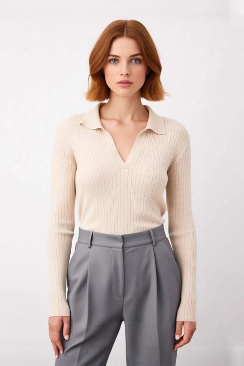 Kadın Polo Yaka Fitilli Triko Kazak Modern Fitted Tasarımıyla Casual Şıklığı Soğuk Havalarda