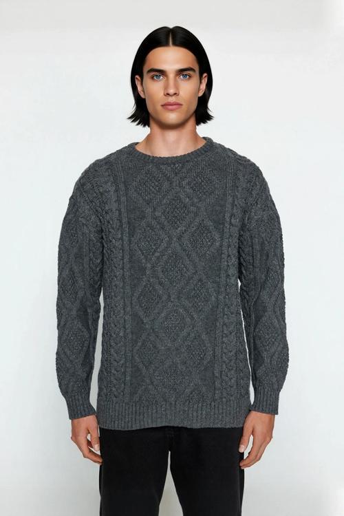 Modern Erkek Oversize Saç Örgü Desenli Bisiklet Yaka Triko Kazak Günlük Şıklık Sunar Kaliteli