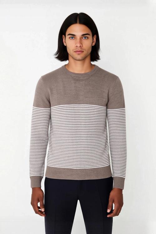 Erkek Bisiklet Yaka Çizgili Triko Kazak Slim Fit Kesimiyle Günlük Stilinize Şıklık Katıyor