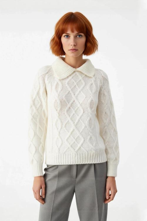 Kadınlar İçin Ekru Casual Gömlek Yaka Saç Örgü Desenli Regular Triko Kazak Sonbahar Kış Kaliteli
