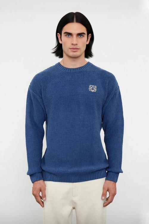 Erkek Geniş Kalıp Oversize Fit Bisiklet Yaka Nakış Detaylı Triko Kazak Serin Havalar İçin Kaliteli