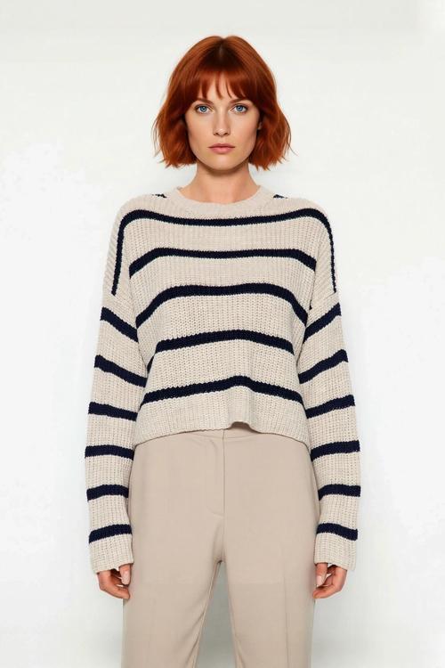 Kadınlara Özel Basic Çizgili Oversize Triko Kazak Bisiklet Yaka Uzun Düşük Kol Kış Şıklığı