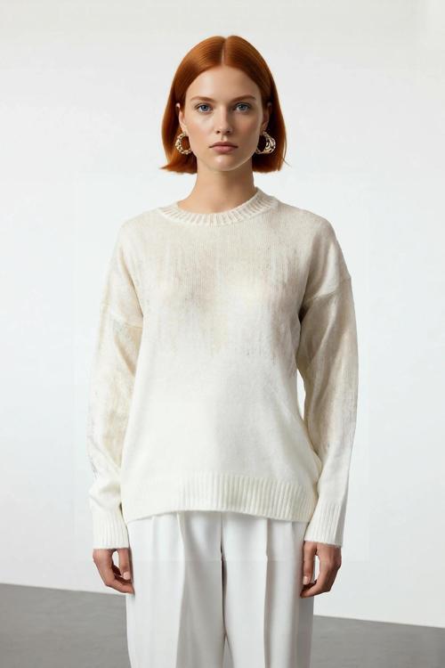 Kadın Oversize Düşük Kol Triko Bisiklet Yaka Gri Metalik Yansımalı Kışlık Kazak Modeli Kaliteli