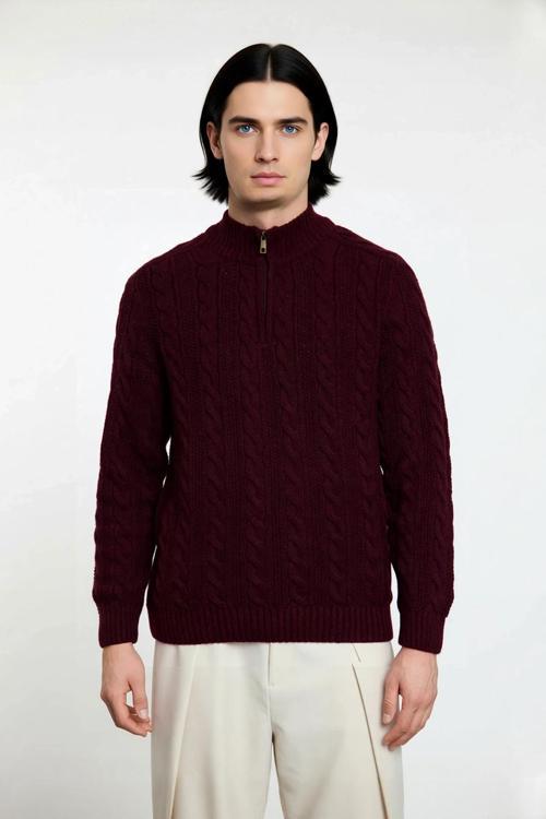 Erkek Regular Fit Fermuarlı Dik Yaka Yünlü Saç Örgü Kazak Kış Aylarında Konfor Ve Şıklık Sunar