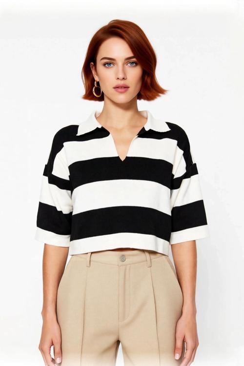Kadın Siyah Çizgili Basic Crop Triko Bluz Regular Kalıp Truvakar Kol Polo Yaka Şıklığı Kaliteli