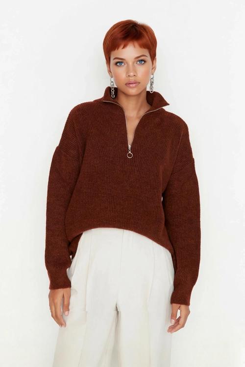 Kadın Oversize Basic Dokulu Uzun Kollu Fermuarlı Dik Yaka Selanik Örgü Triko Kazak Kaliteli