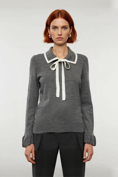 Kadın Polo Yaka Bağcıklı Triko Kazak Renk Bloklu Uzun Kollu Kışlık Ofis Şıklığı İçin Rahat Seçim