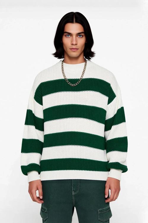 Erkek Basic Koleksiyon Uzun Kollu Rahat Çizgili Bisiklet Yaka Akrilik Oversize Triko Kazak