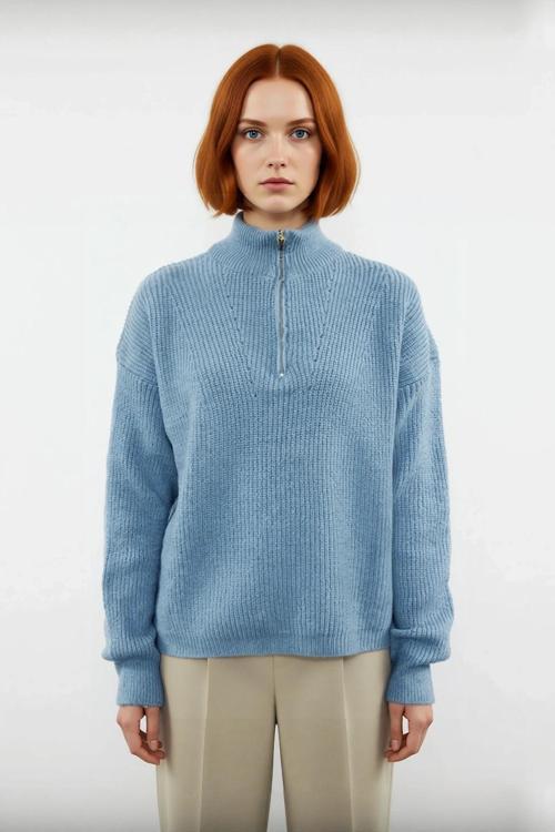 Kadın Oversize Basic Dokulu Uzun Kollu Fermuarlı Dik Yaka Selanik Örgü Triko Kazak Kaliteli