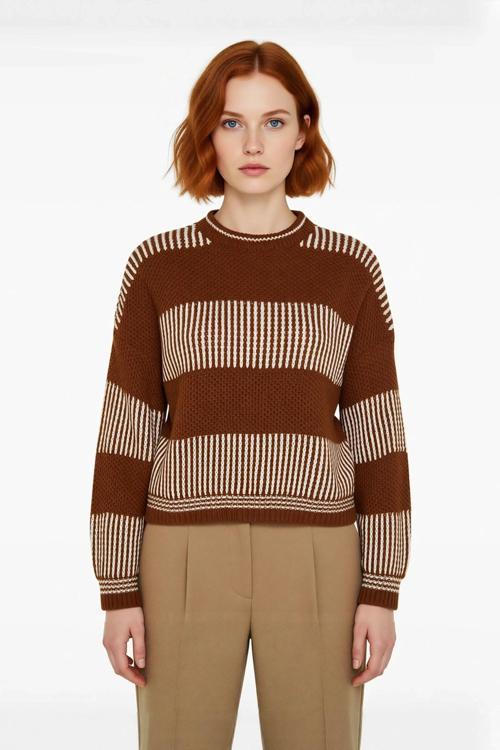 Kadın Rahat Kalıp Düşük Kol Bisiklet Yaka Renk Bloklu Akrilik Triko Kazak Günlük Kullanım Şıklığı.