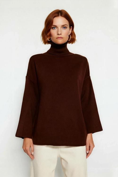 Kadınlara Özel Oversize Kesim Düz Desen Balıkçı Yaka Uzun Kollu Triko Kazak Kış Modası Kaliteli