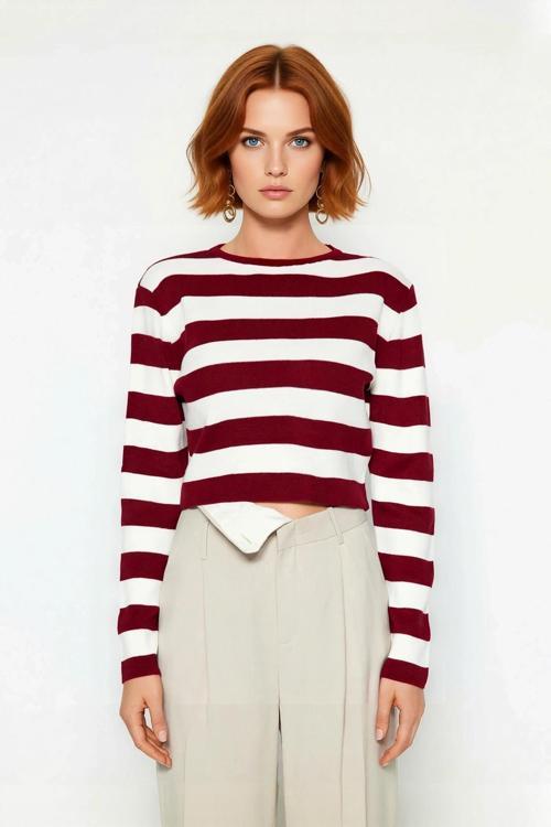 Kadın Fitted Bisiklet Yaka Super Crop Çizgili Triko Kazak İlkbahar Sonbahar Casual Tarz İçin Ideal