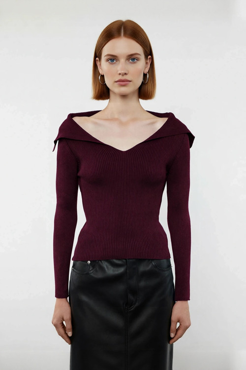 Kadın Şık Devrik Yaka Fitilli Triko Üst Fitted Kesim Uzun Kol Crop Model İlkbahar Sonbahar