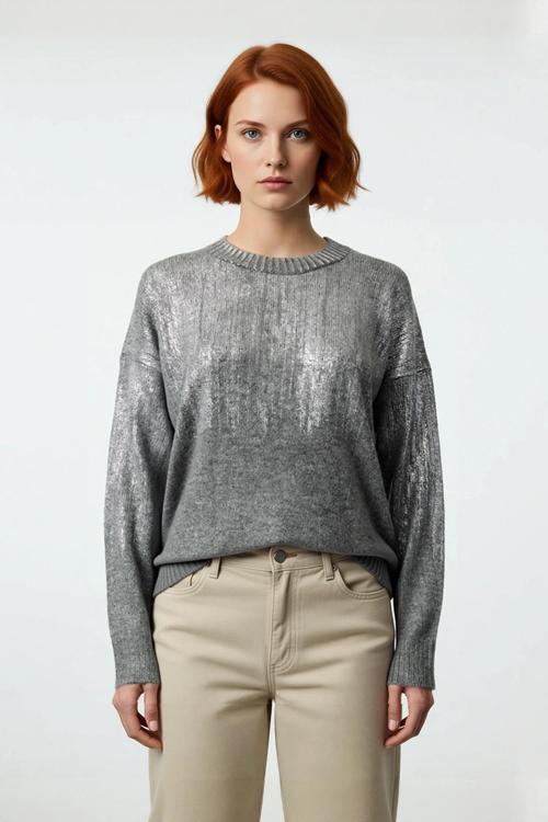 Kadın Oversize Düşük Kol Triko Bisiklet Yaka Gri Metalik Yansımalı Kışlık Kazak Modeli Kaliteli