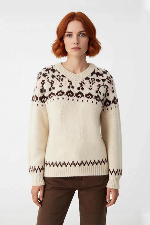 Kadın Geniş Kalıp V Yaka Etnik Desenli Reglan Kol Triko Kazak Günlük Konforlu Şık Kombinler