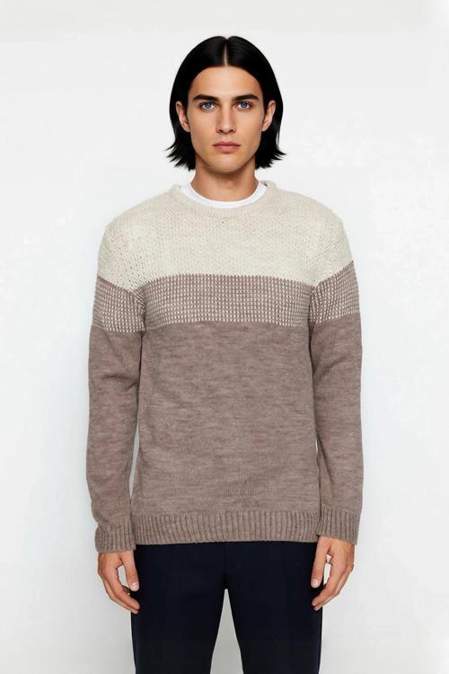 Erkek Basic Kesim Bisiklet Yaka Uzun Kol Renk Bloklu Akrilik Triko Kazak Kış Kombinlerine Özel