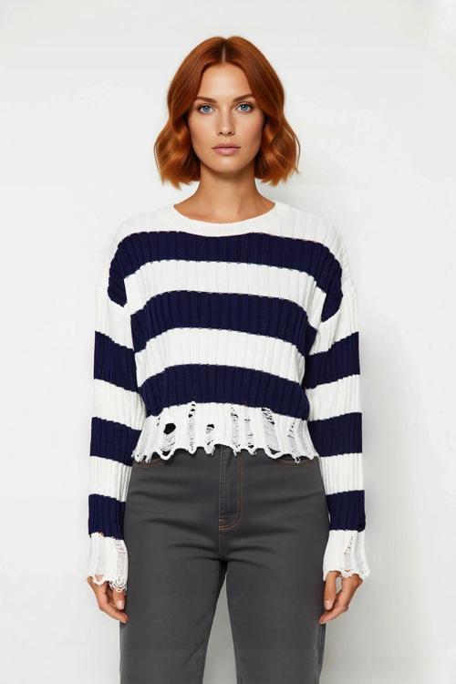 Kadın Basic Çizgili Düşük Kol Akrilik Triko Kazak Crop Kesim Akıtma Detaylı Konforlu Stil Kaliteli