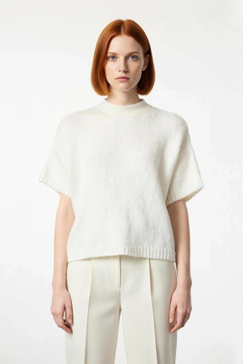 Kadın Geniş Kalıp Basic Dik Yaka Kalın Selanik Dokulu Düşük Kısa Kollu Triko Kazak Günlük Şıklık