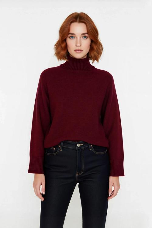 Kadın Oversize Dik Yaka Düz Triko Kazak Uzun Boylu ve Düşük Kollu Kışlık Rahat Günlük Giyim