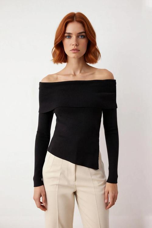 Kadın Fitted Carmen Yaka Düz İnce Triko Bluz Uzun Standart Kol Şık Tasarım Günlük Ve Gece Kombinleri