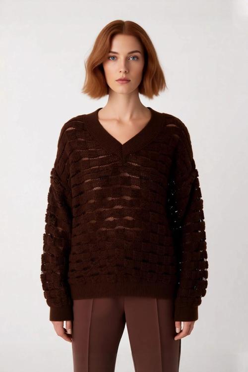 Kadınlara Özel Oversize Dokulu V Yaka Triko Kazak Düşük Kol Rahat Kesim İlkbahar Sonbahar Kaliteli