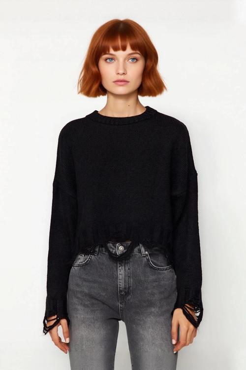 Kadın Casual Crop Oversize Bisiklet Yaka Triko Kazak Düşük Kol Akıtma Detaylı Konforlu Şık