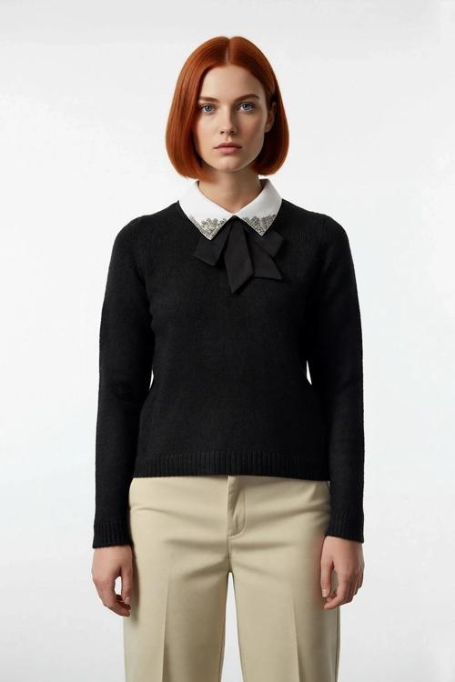 Kadın Gömlek Yaka Görünümlü Nakış Detaylı Triko Kazak Standart Kollu Sonbahar Kış Stili Kaliteli