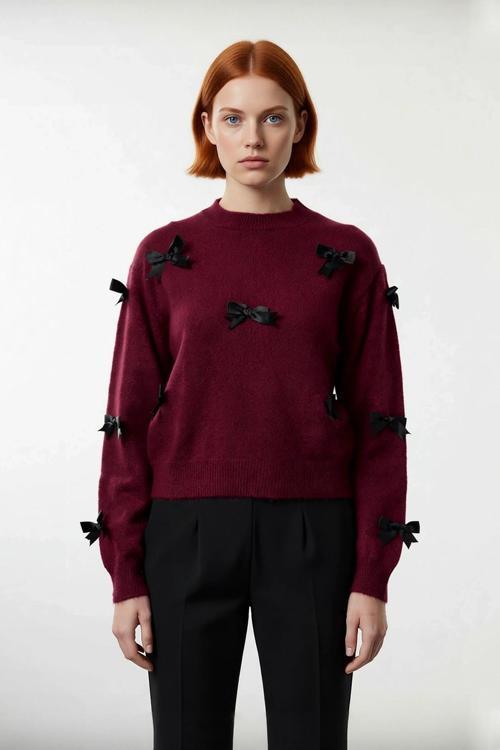 Kadınlara Yönelik Konforlu Regular Kalıp Bisiklet Yaka Triko Kurdele Fiyonklu Uzun Kollu Kazak