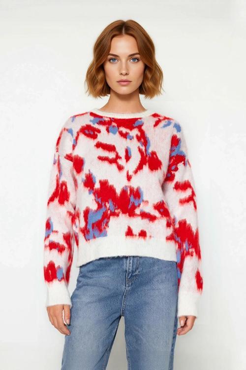 Kadın Günlük Akrilik Oversize Triko Kazak Batik Desenli Uzun Kollu Rahat ve Sıcak Tutucu Kaliteli