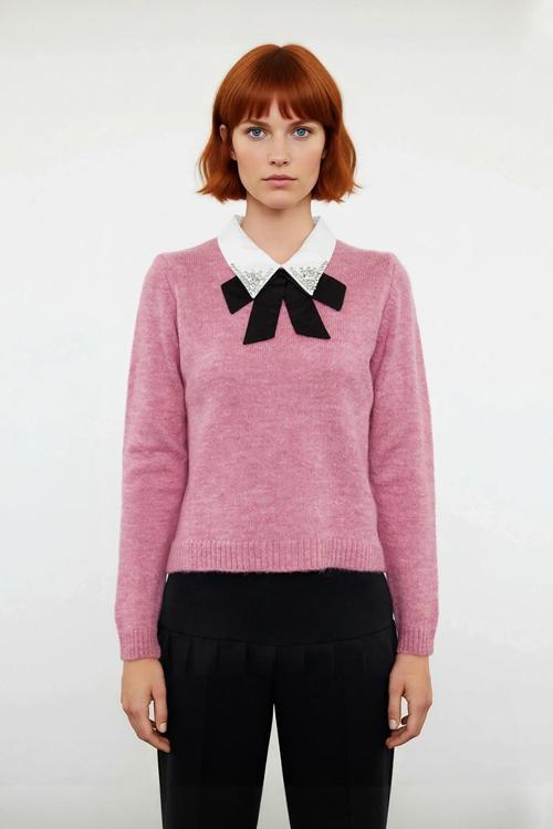 Kadın Gömlek Yaka Görünümlü Nakış Detaylı Triko Kazak Standart Kollu Sonbahar Kış Stili Kaliteli