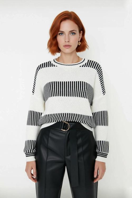 Kadın Rahat Kalıp Düşük Kol Bisiklet Yaka Renk Bloklu Akrilik Triko Kazak Günlük Kullanım Şıklığı.