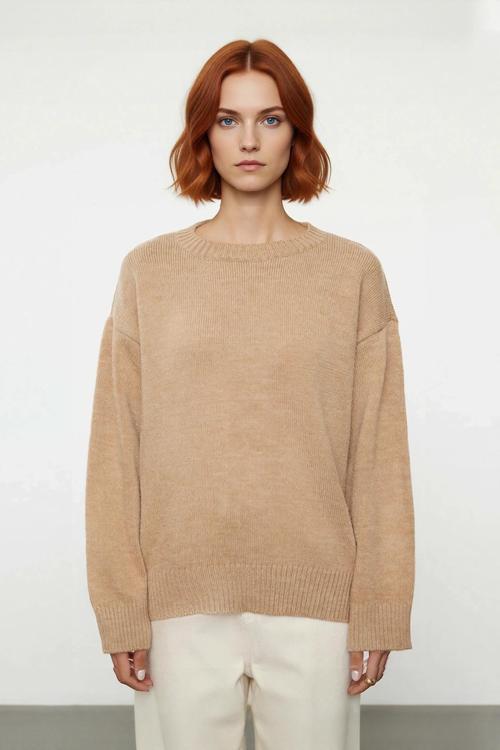 Kadın Bej Oversize Kesim Triko Bisiklet Yaka Kazak Uzun Kollu Modern Günlük Şıklık İçin İdeal