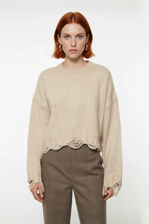 Kadın Casual Crop Oversize Bisiklet Yaka Triko Kazak Düşük Kol Akıtma Detaylı Konforlu Şık