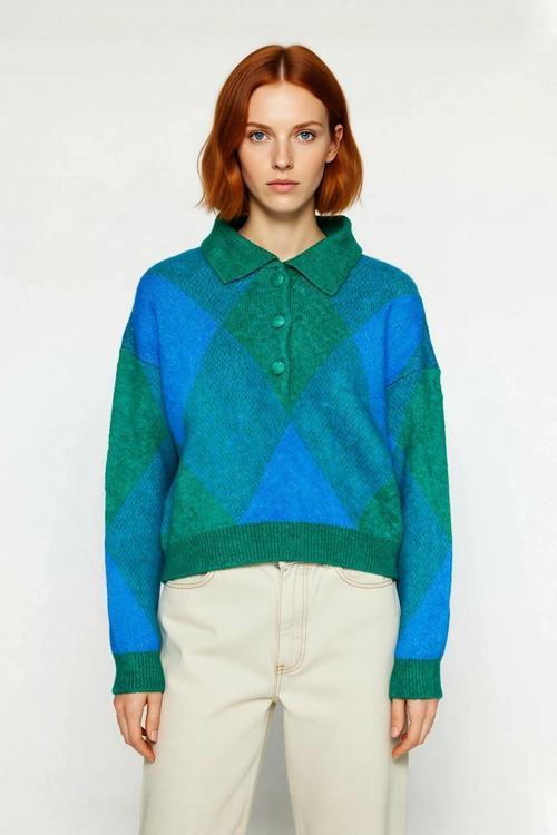 Kadınlara Özel Rahat Oversize Polo Yaka Baklava Desenli Triko Kazak Sonbahar Kış Şıklığı Sunar