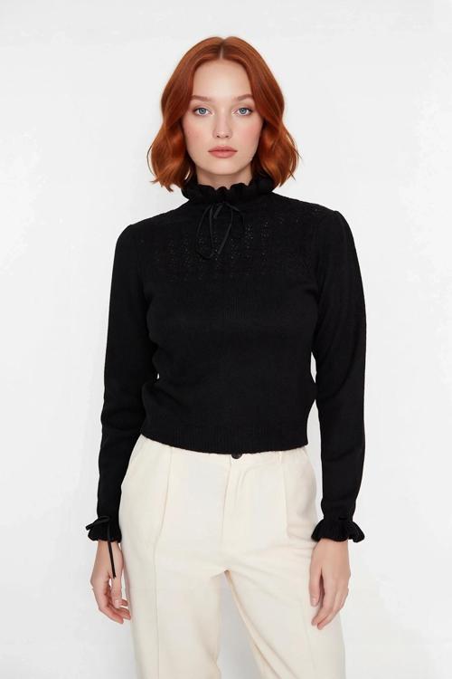 Kadın Uzun Kollu Regular Kesim Dik Yaka Ajur Desenli Bağcıklı Triko Kazak Kışlık Basic Stil