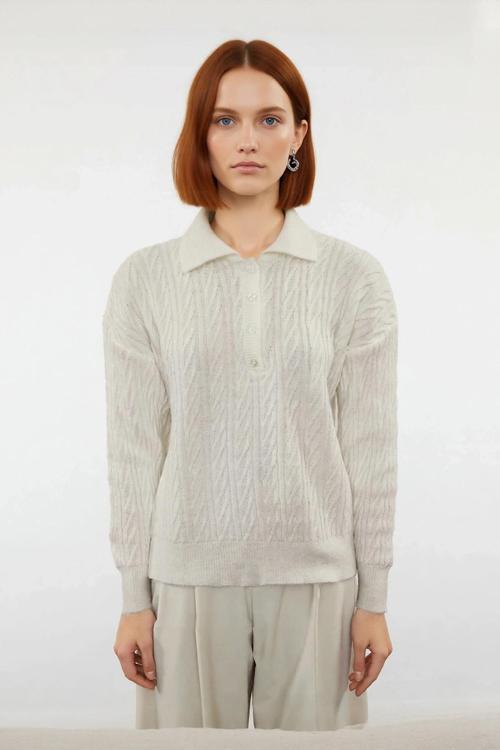 Kadın Oversize Triko Polo Yaka Saç Örgü Düşük Kollu Rahat Kışlık Basic Stil Kazak Kaliteli