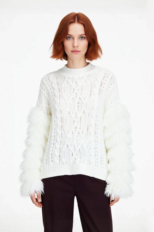 Kadın Triko Oversize Kalıp Saç Örgülü Düşük Kol Püsküllü Kazak Günlük Şıklık Sunar Kışa Özel