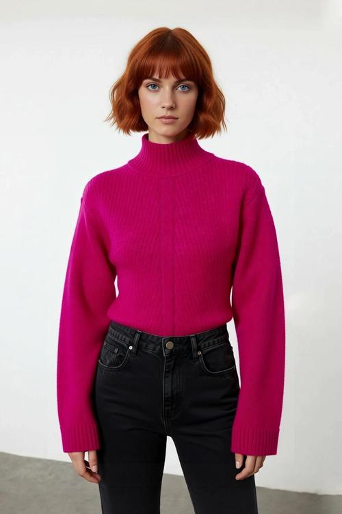 Kadın Düz Desen Dik Yaka Balon Kol Crop Kesim Triko Kazak Kışlık Akrilik Karışımlı Günlük Giyim