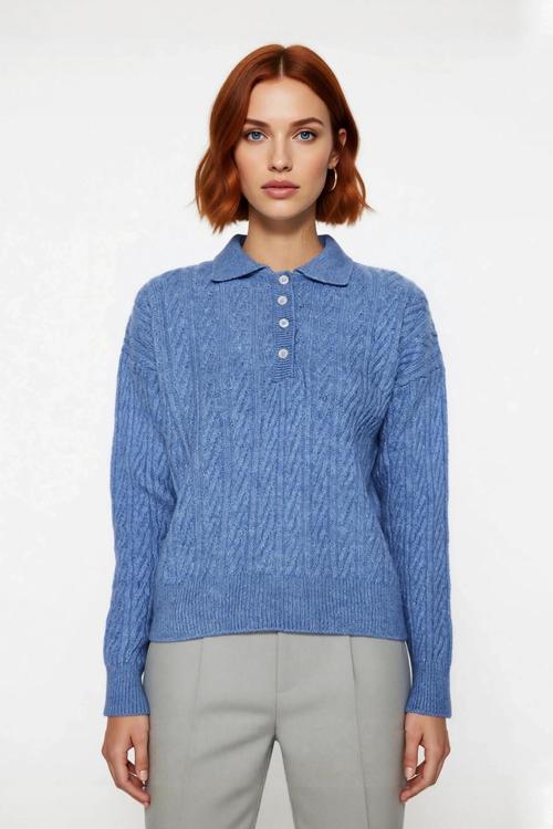 Kadın Oversize Triko Polo Yaka Saç Örgü Düşük Kollu Rahat Kışlık Basic Stil Kazak Kaliteli