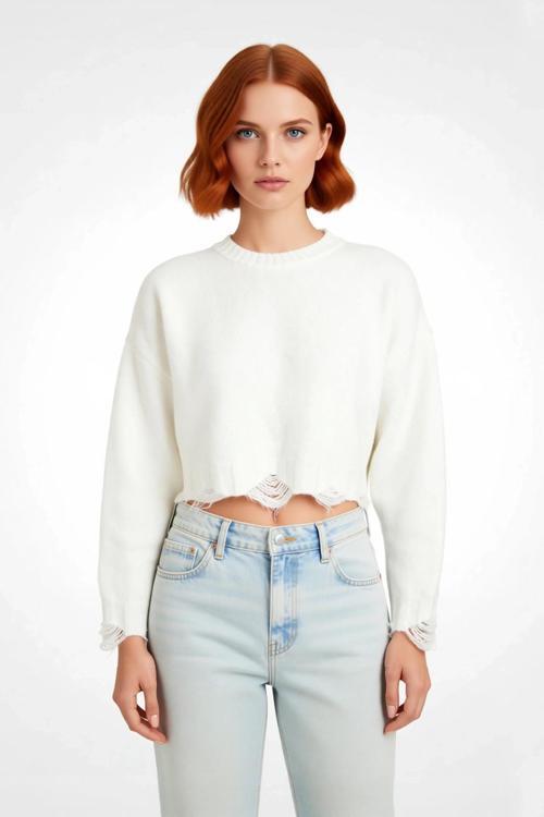 Kadın Casual Crop Oversize Bisiklet Yaka Triko Kazak Düşük Kol Akıtma Detaylı Konforlu Şık