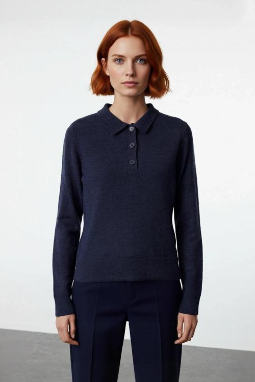 Şık Kadın Polo Yaka Yünlü Triko Kazak Regular Kalıbı İle Gün Boyu Konfor Sunar Kaliteli