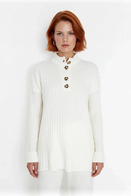 Kadın Casual Ekru Yarım Patlı Düşük Kol Fitilli Triko Kazak Soğuk Havaların Favorisi Kaliteli