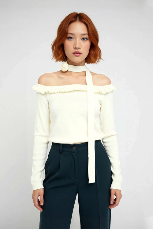 Kadınlara Özel Basic Fitted Akrilik Triko Uzun Kol Carmen Yaka Bluz Güllü Atkı Aksesuar Detayı