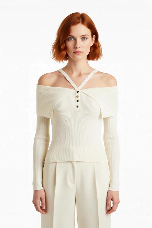 Kadın Şık Carmen Yaka Uzun Kollu Fitted Kesim Fitilli Triko Kazak İlkbahar Sonbahar Stili İçin İdeal