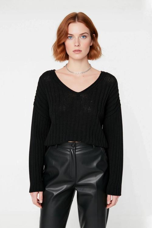 Kadın V Yaka Geniş Kalıp Yünlü Triko Kazak Uzun Kollu Fitilli Düz Basic Günlük Kombinlerin