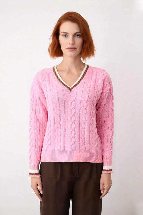 Kadın Bordo Rengi Saç Örgü Desenli V Yaka Triko Kazak Düşük Kol Rahatlık Sunan Sonbahar Kış