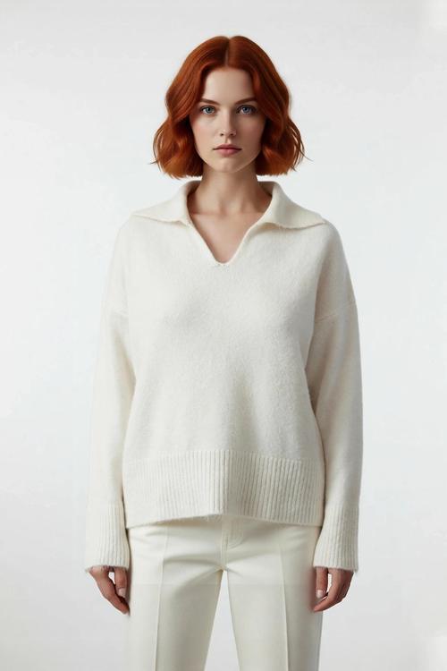 Kadınlar İçin Kışlık Oversize Basic Triko Kazak Polo Yaka Düşük Kol Yumuşak Dokusuyla Konfor Sunar