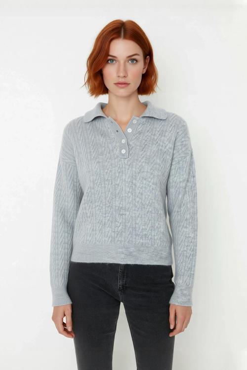 Kadın Oversize Triko Polo Yaka Saç Örgü Düşük Kollu Rahat Kışlık Basic Stil Kazak Kaliteli