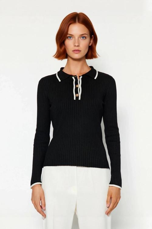 Kadın Fitted Triko Polo Yaka Kazak Zarif Renk Bloklu Tasarımıyla Günlük Şıklığı Tamamlar Kaliteli