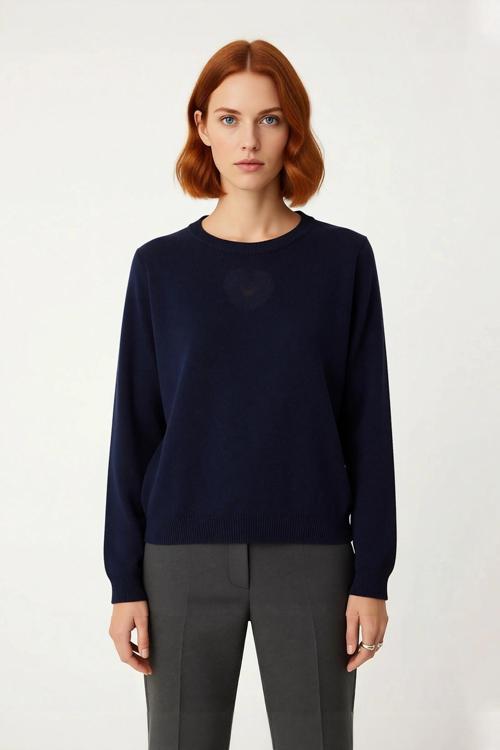 Kadınlara Özel Ekru Regular Kalıp Bisiklet Yaka Kalp İşlemeli Triko Kazak Kış Günleri İçin Harika